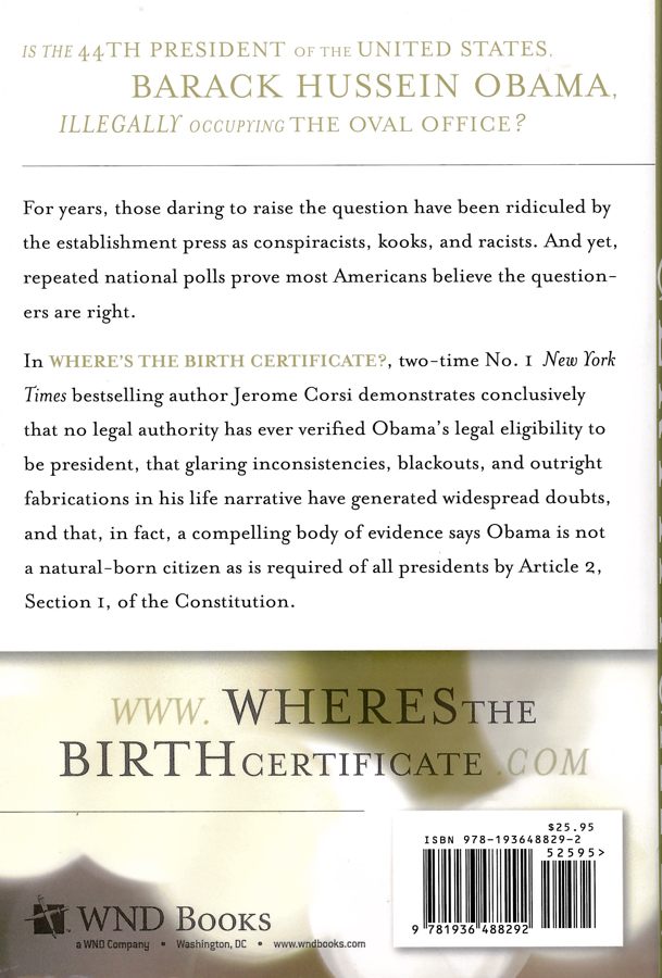 Picture of the back cover of the book entitled Where's the Birth Certificate.